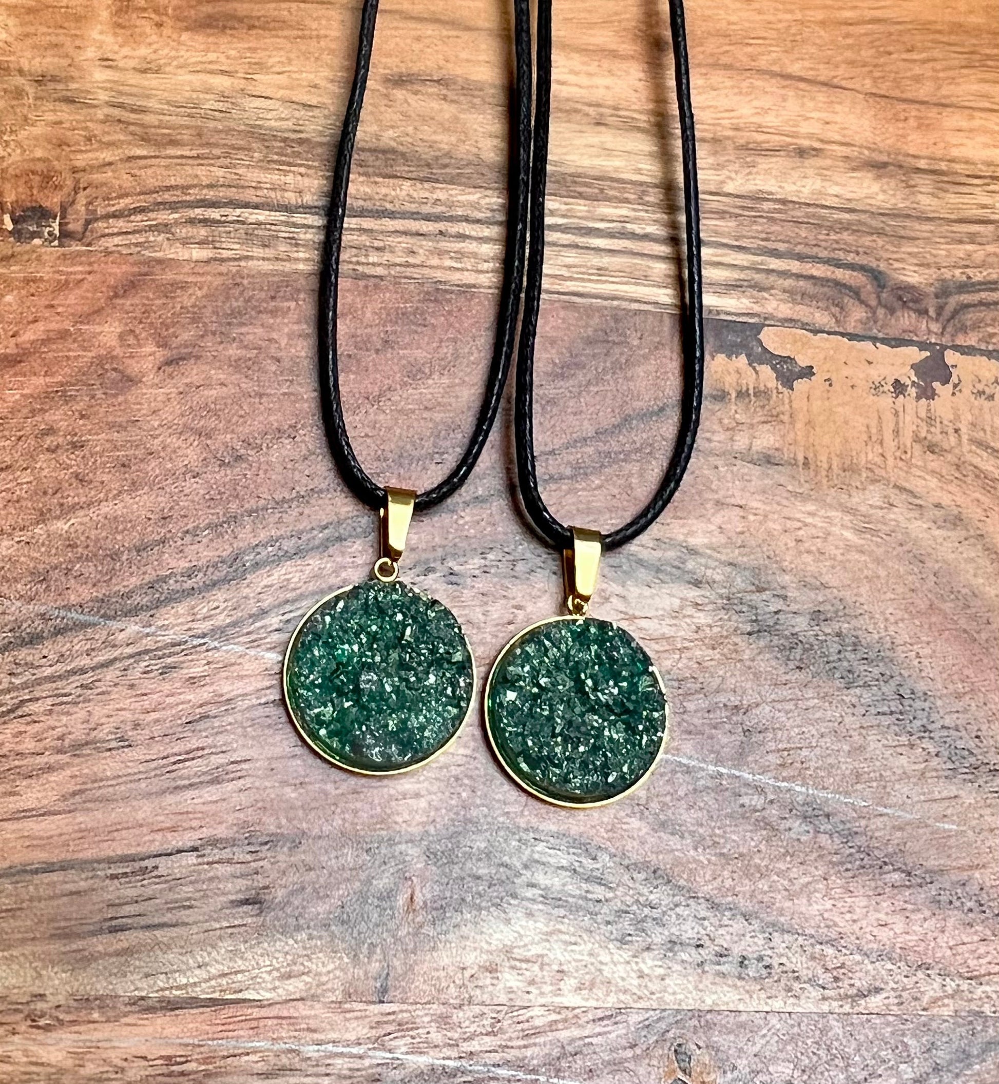 Forest Green Druzy Necklace- Gold Pendant Tray - L.A. Resin Art