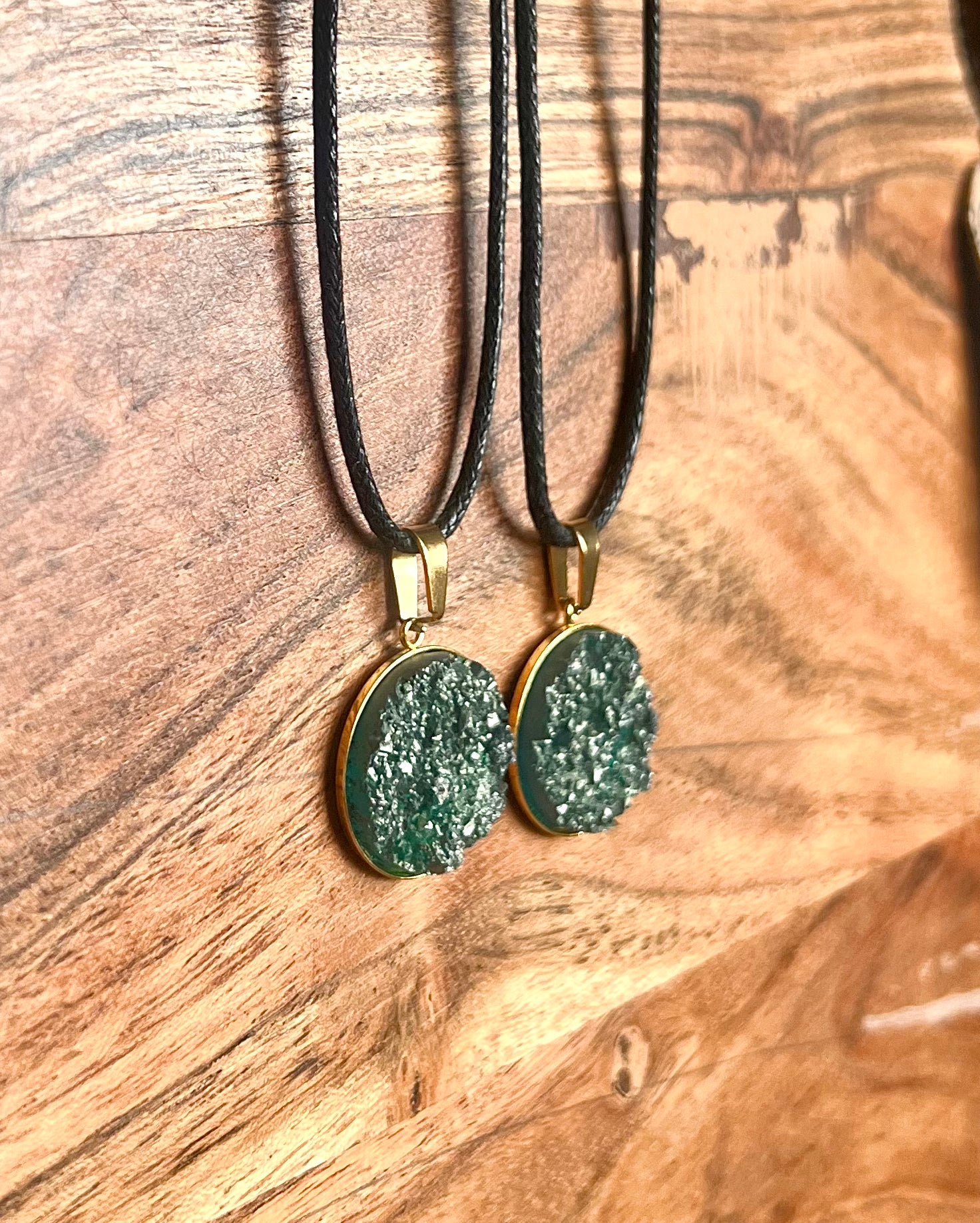 Forest Green Druzy Necklace- Gold Pendant Tray - L.A. Resin Art