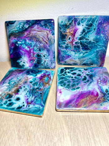 Fuchsia, Turquoise, Blue, and Gold Resin-Painted Ceramic Coaster Set - L.A. Resin Art