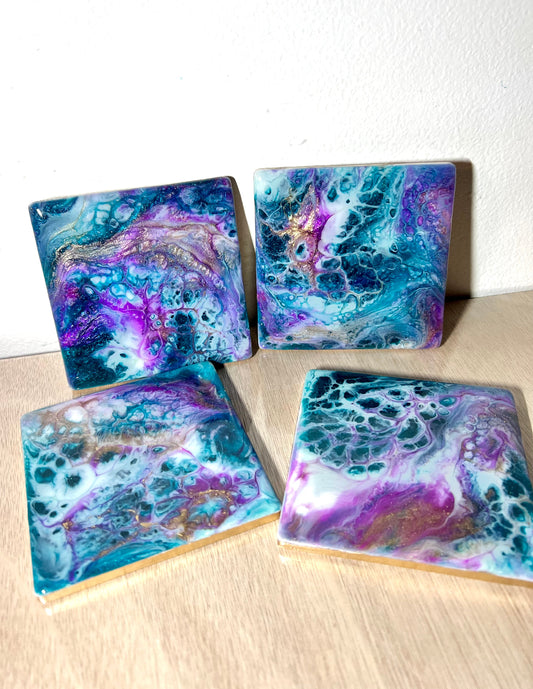 Fuchsia, Turquoise, Blue, and Gold Resin-Painted Ceramic Coaster Set - L.A. Resin Art