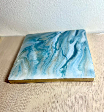 Individual (1 ea) Blue and Gold Marbled Ceramic Coaster L.A. Resin Art