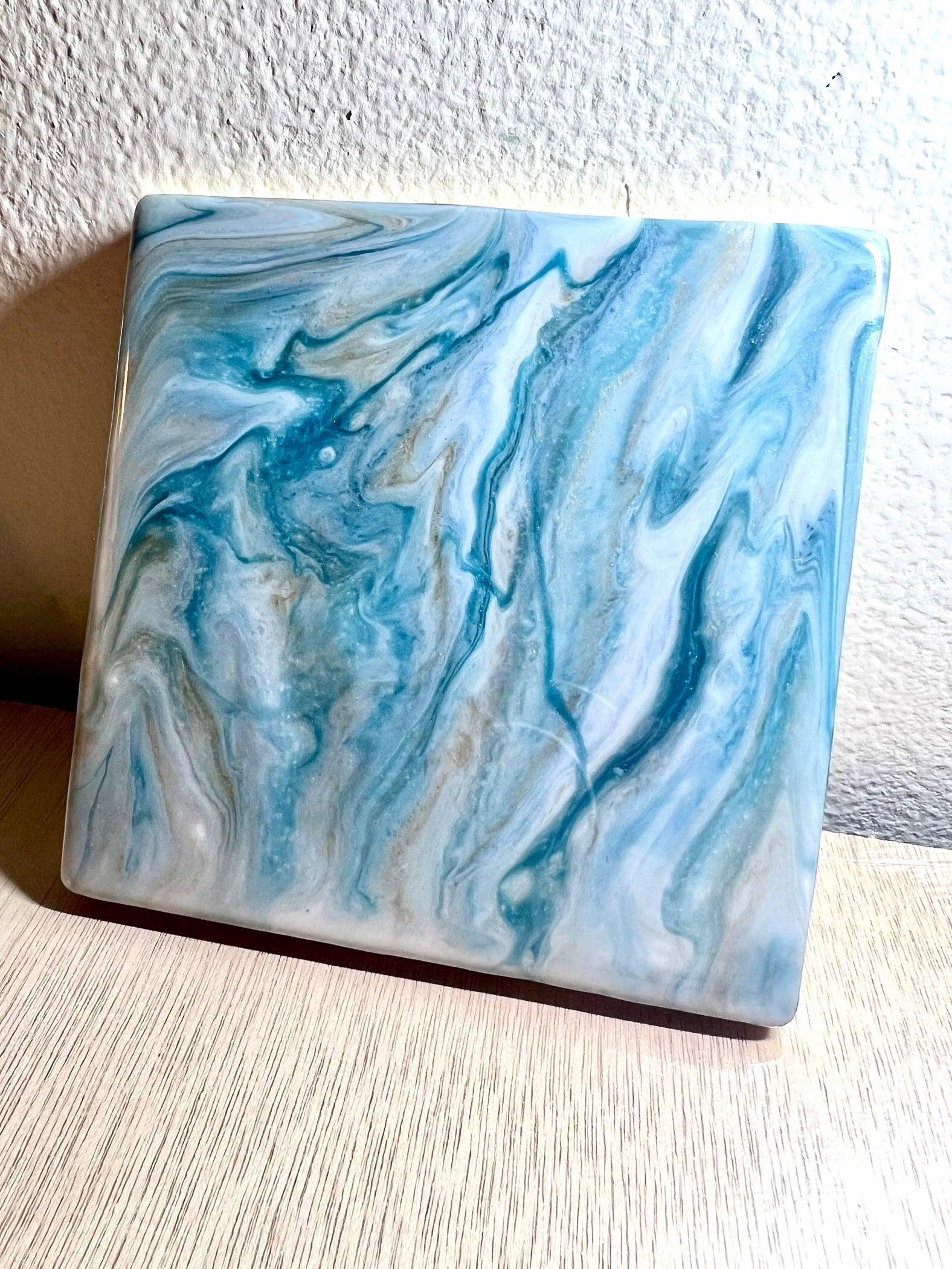 Individual (1 ea) Blue and Gold Marbled Ceramic Coaster L.A. Resin Art