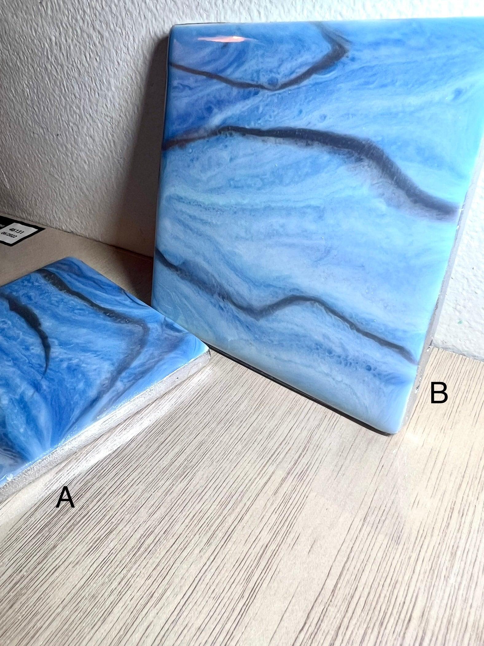 Individual (1 ea) Frosty Blues and Silver Ceramic Tile Coaster L.A. Resin Art