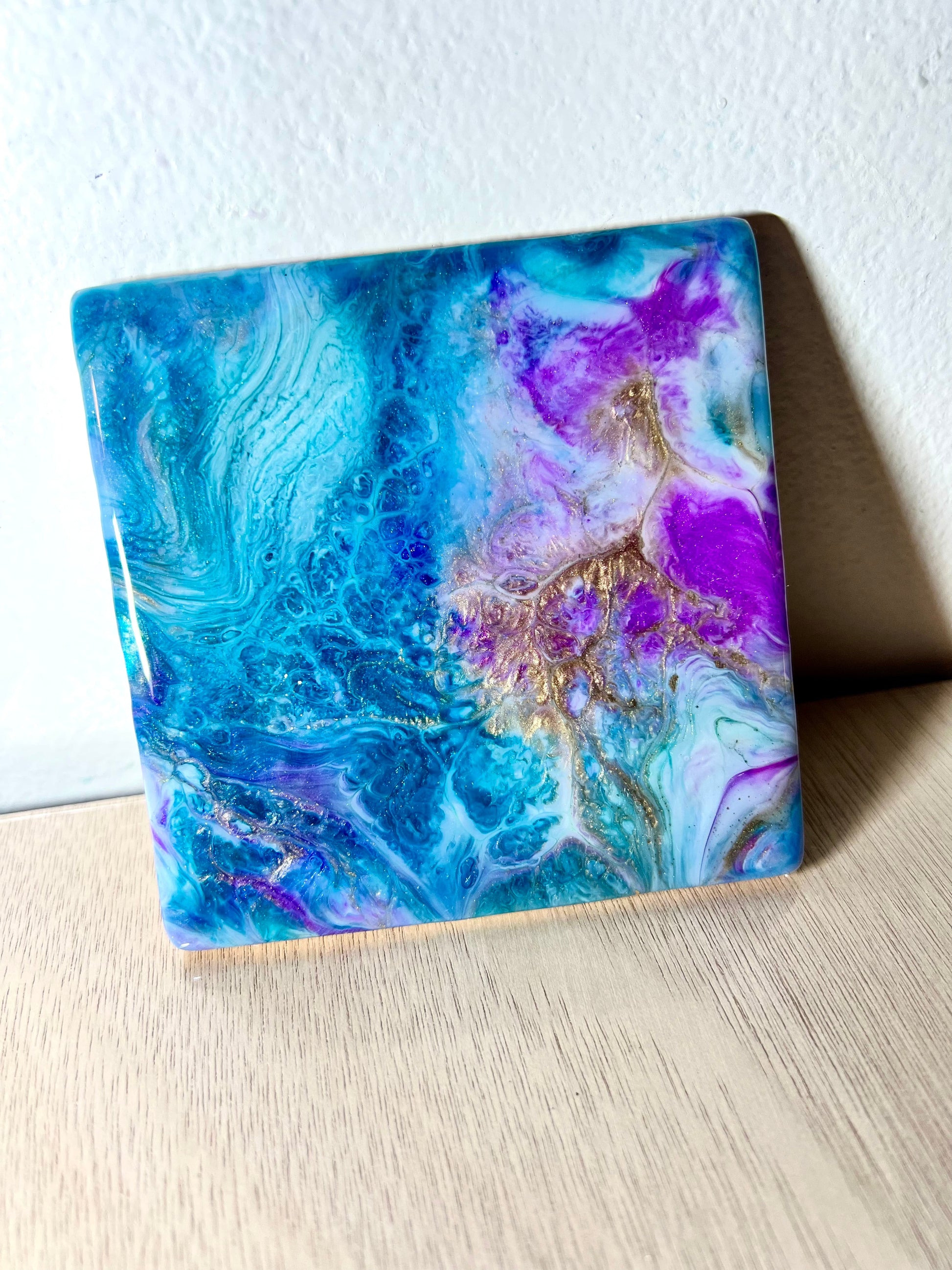 Individual (1 ea) Fuchsia, Blues, and Gold Ceramic Coaster - L.A. Resin Art