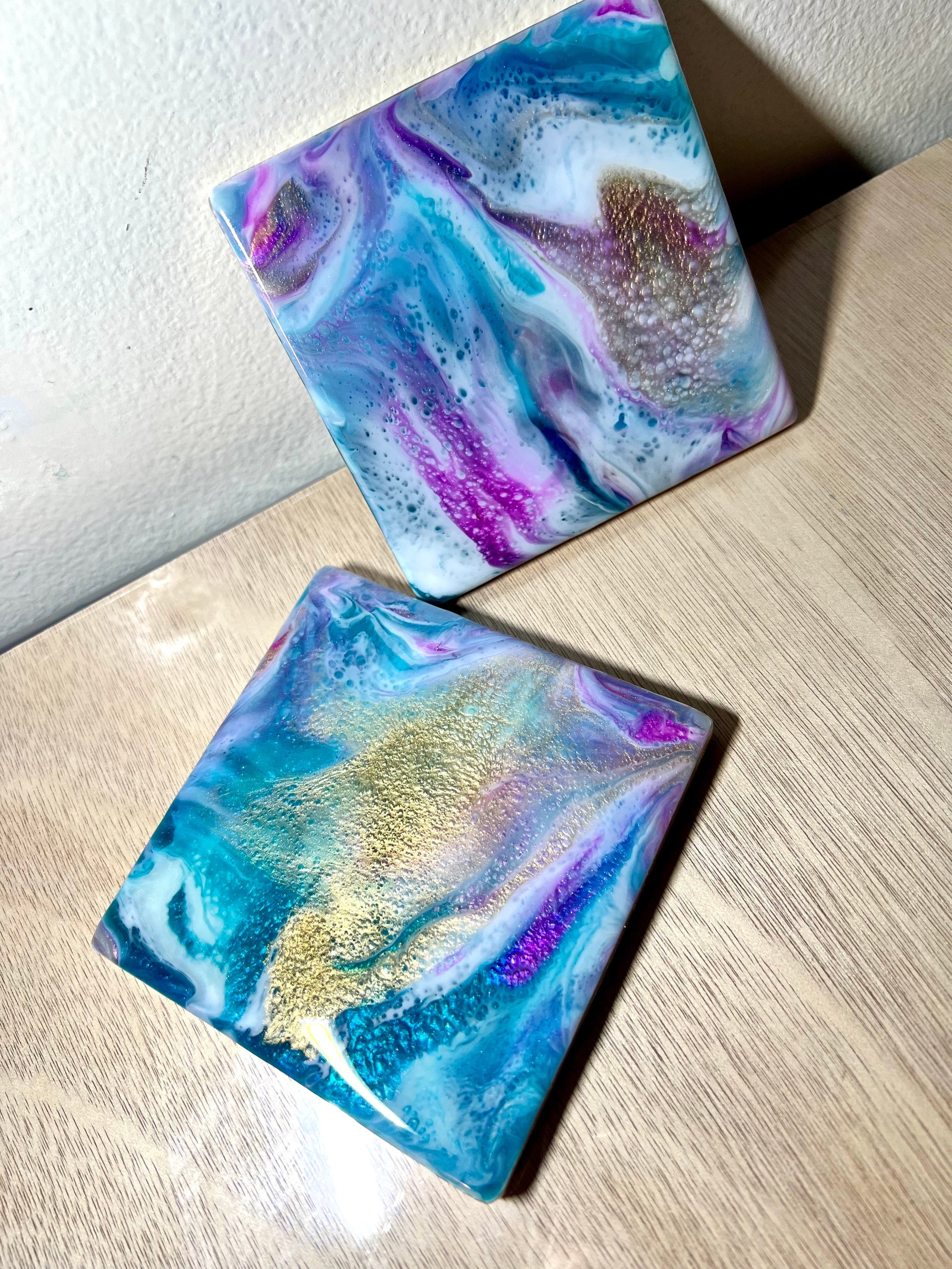 Individual (1 ea) Fuchsia-Purple, Blues, and Gold Ceramic Coaster - L.A. Resin Art