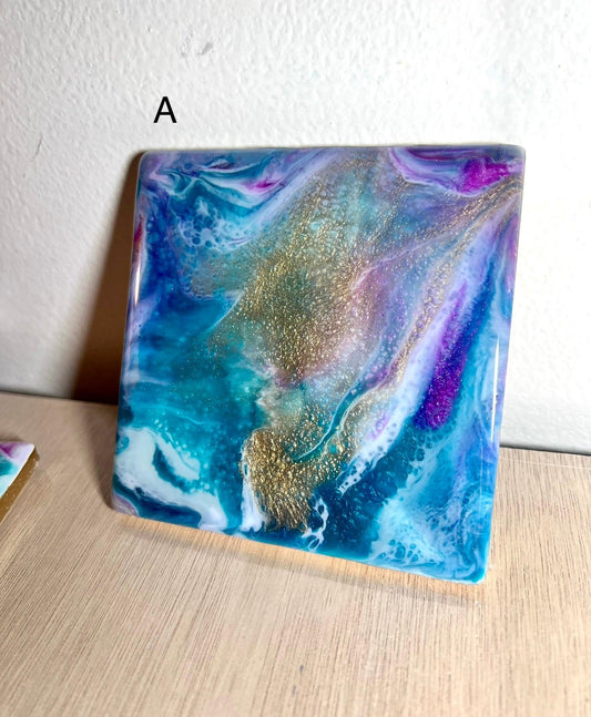 Individual (1 ea) Fuchsia-Purple, Blues, and Gold Ceramic Coaster L.A. Resin Art