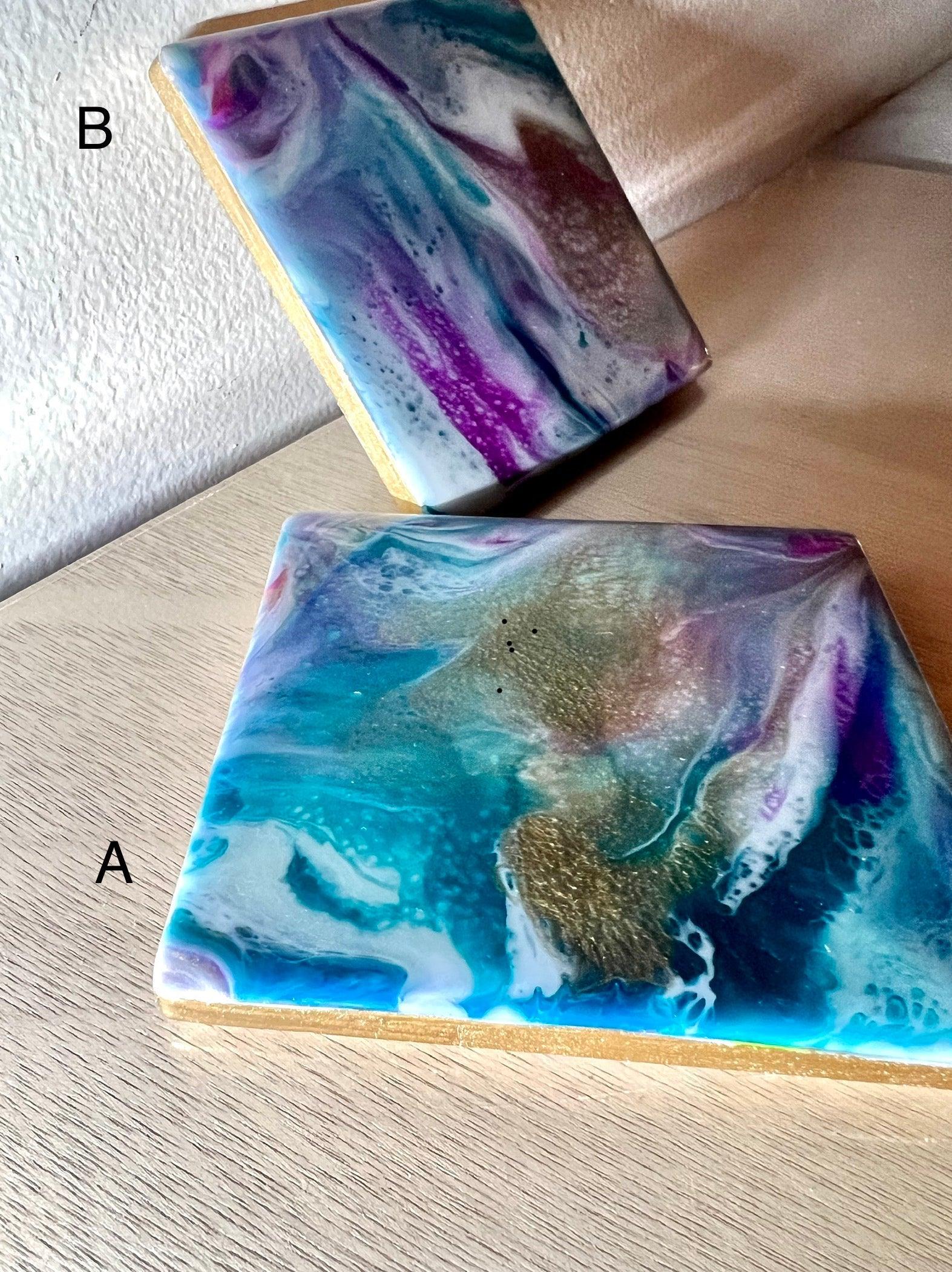 Individual (1 ea) Fuchsia-Purple, Blues, and Gold Ceramic Coaster L.A. Resin Art