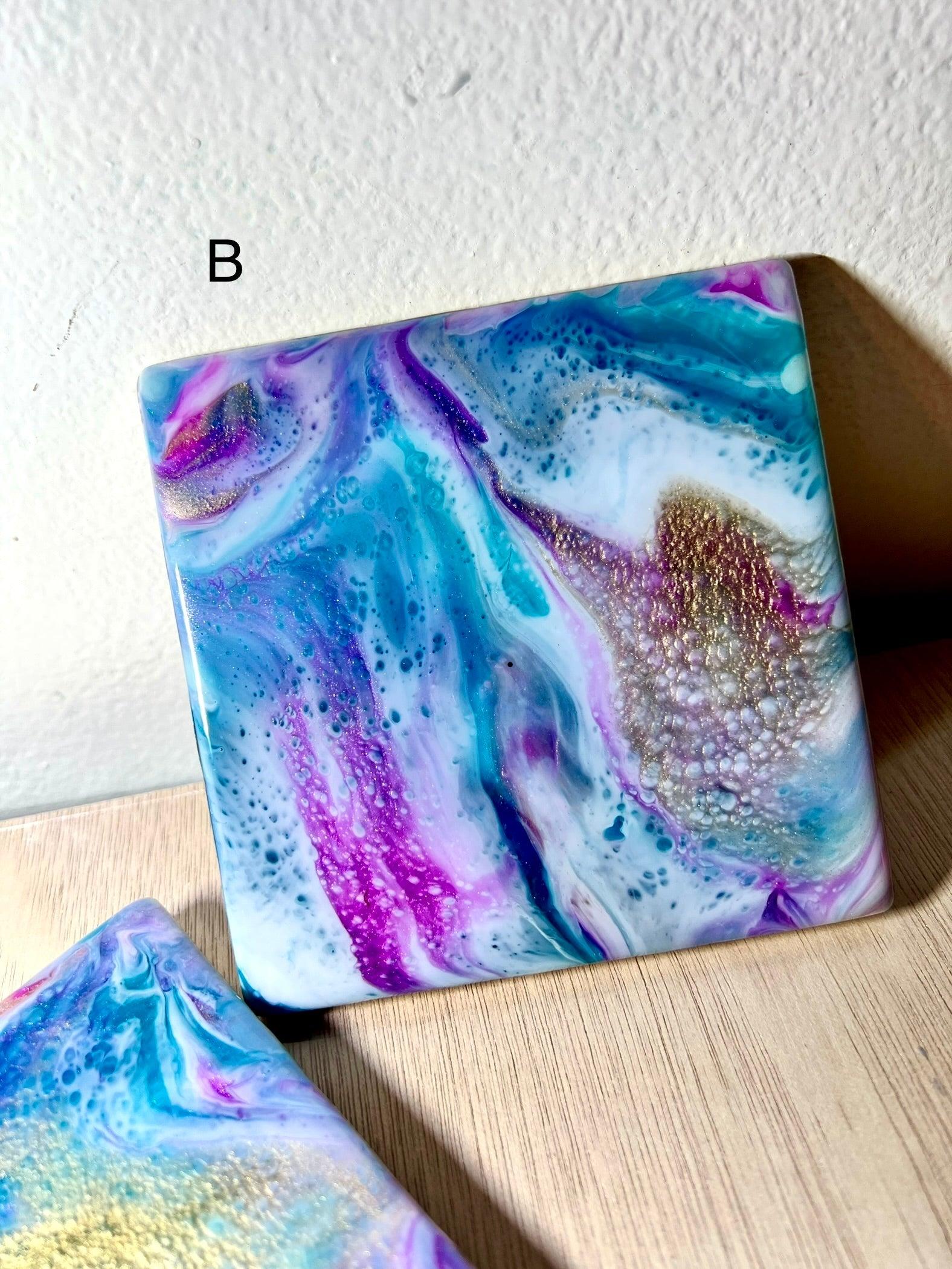 Individual (1 ea) Fuchsia-Purple, Blues, and Gold Ceramic Coaster L.A. Resin Art