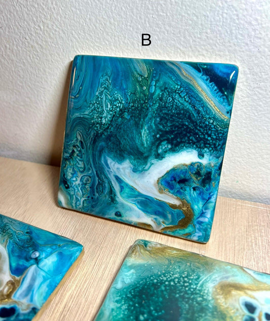 Individual (1 ea) Turquoise, Blues, and Gold Ceramic Tile Coaster L.A. Resin Art