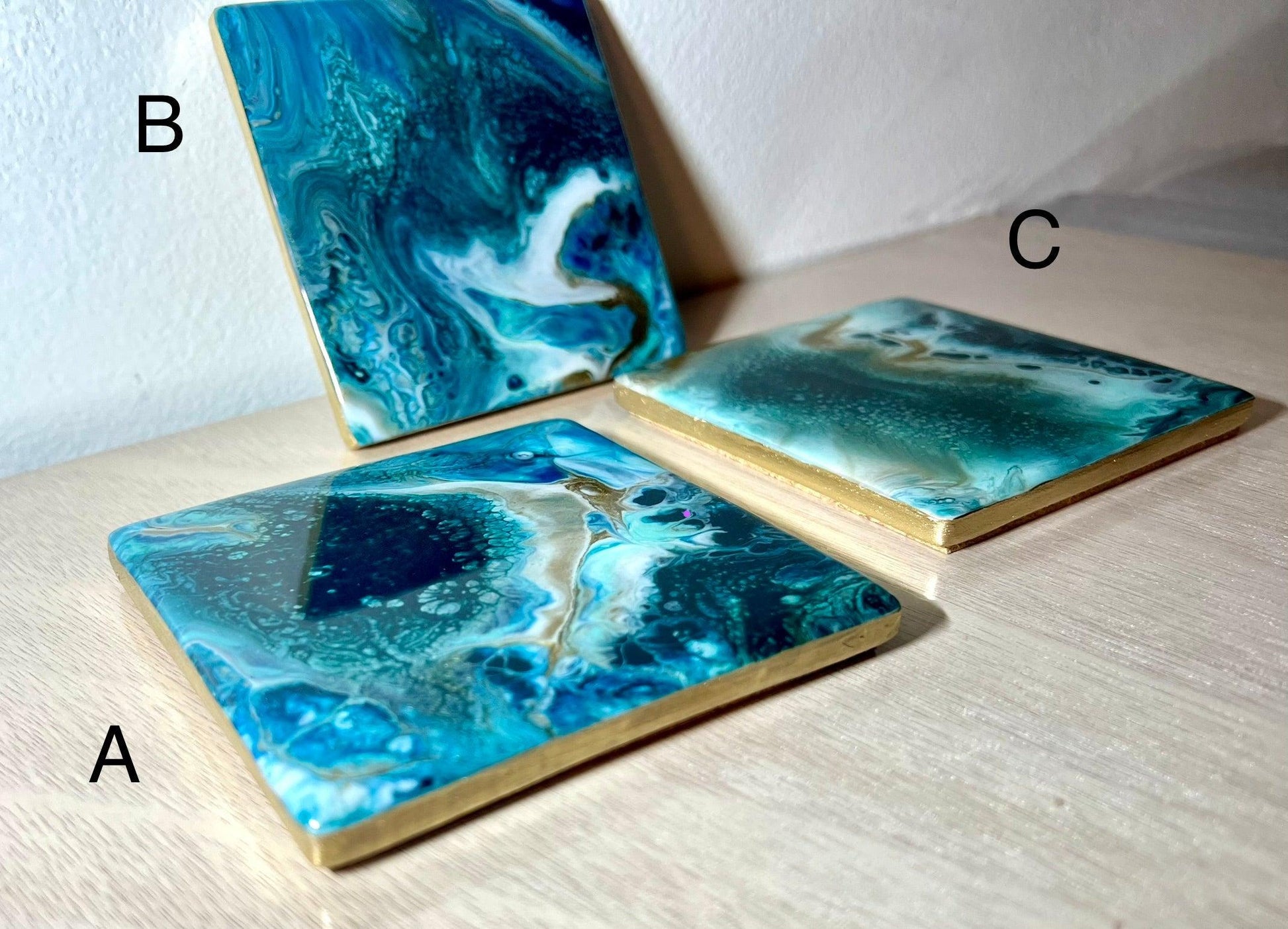 Individual (1 ea) Turquoise, Blues, and Gold Ceramic Tile Coaster L.A. Resin Art