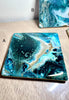 Individual (1 ea) Turquoise, Blues, and Gold Ceramic Tile Coaster L.A. Resin Art