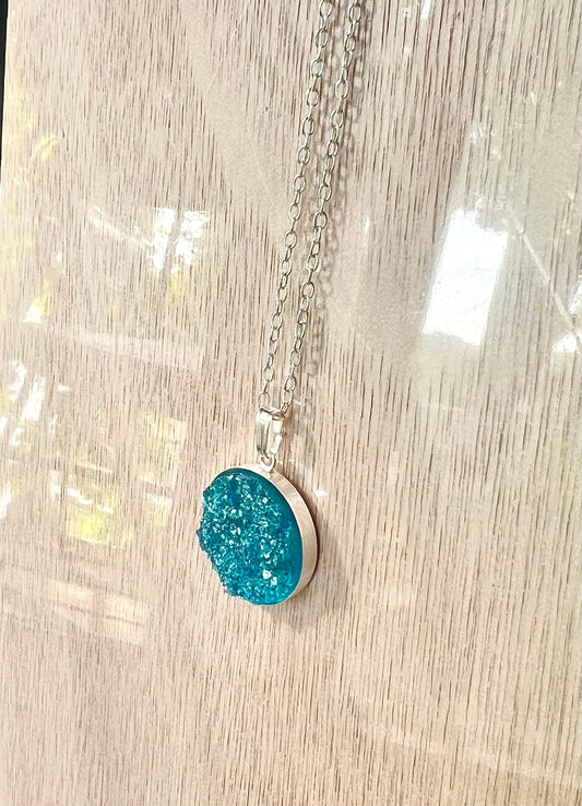 Light Turqoise-Blue Druzy Resin Necklace- Sterling Silver! - L.A. Resin Art