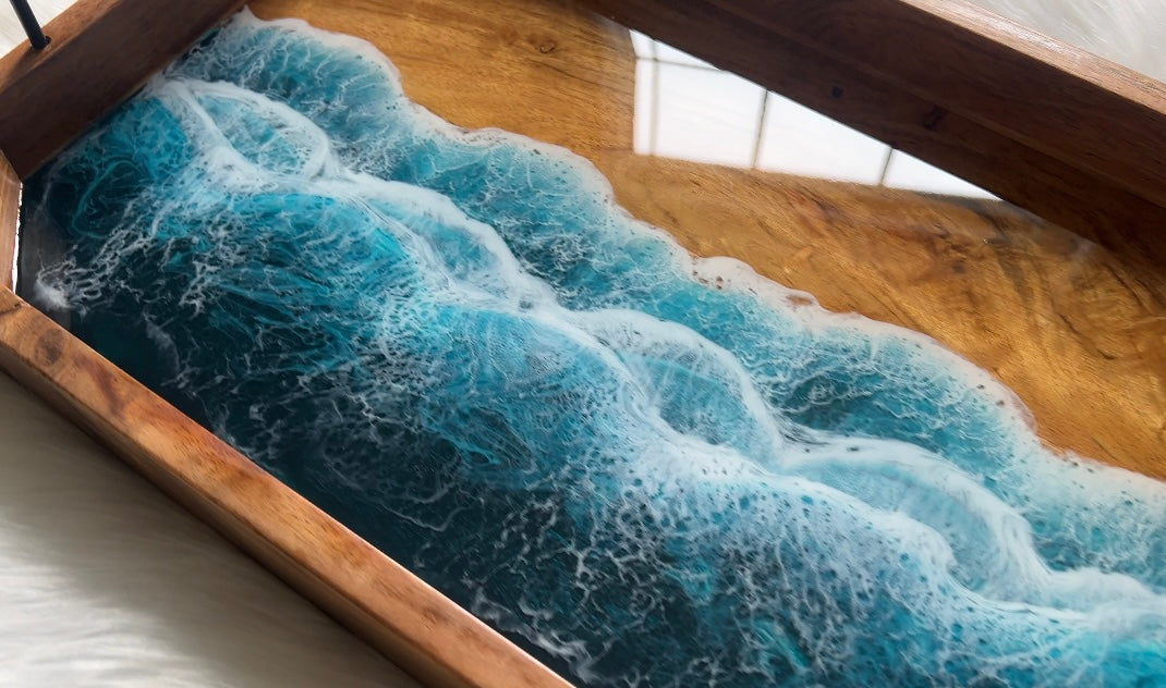 Resin Beach Waves on Acacia Wood Tray