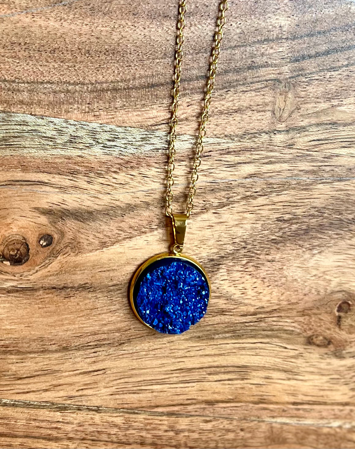 Royal Blue Druzy Pendent Necklace- Gold Plated Sterling Silver Chain - L.A. Resin Art