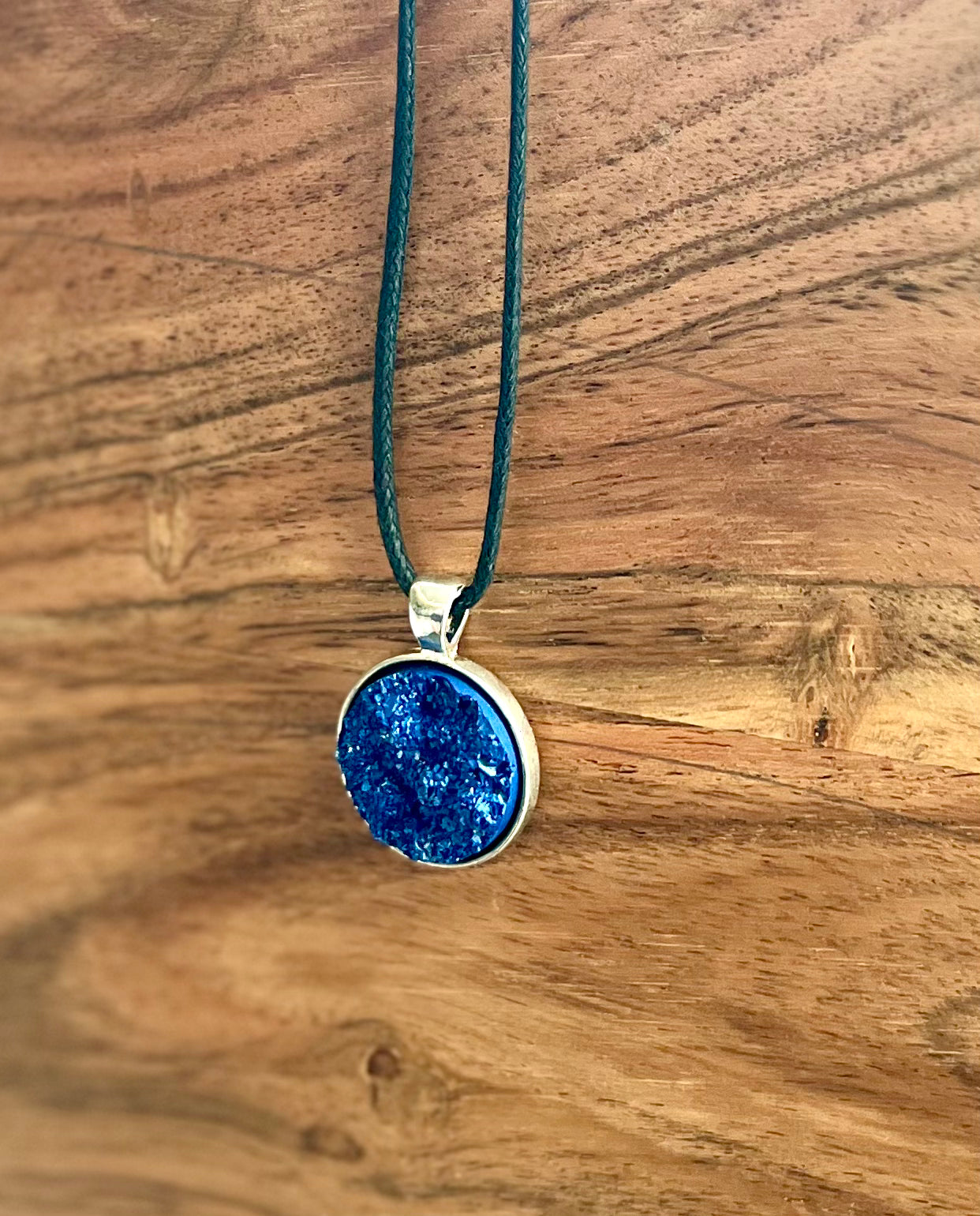 Royal Blue Resin Druzy On Wax Cord- Sterling Silver End Caps and Extender Chain - L.A. Resin Art