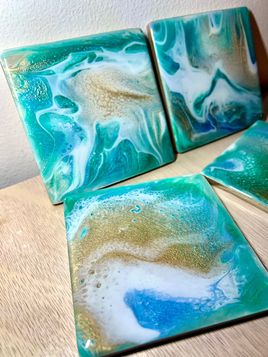 Set of resin painted ceramic tile coasters - L.A. Resin Art