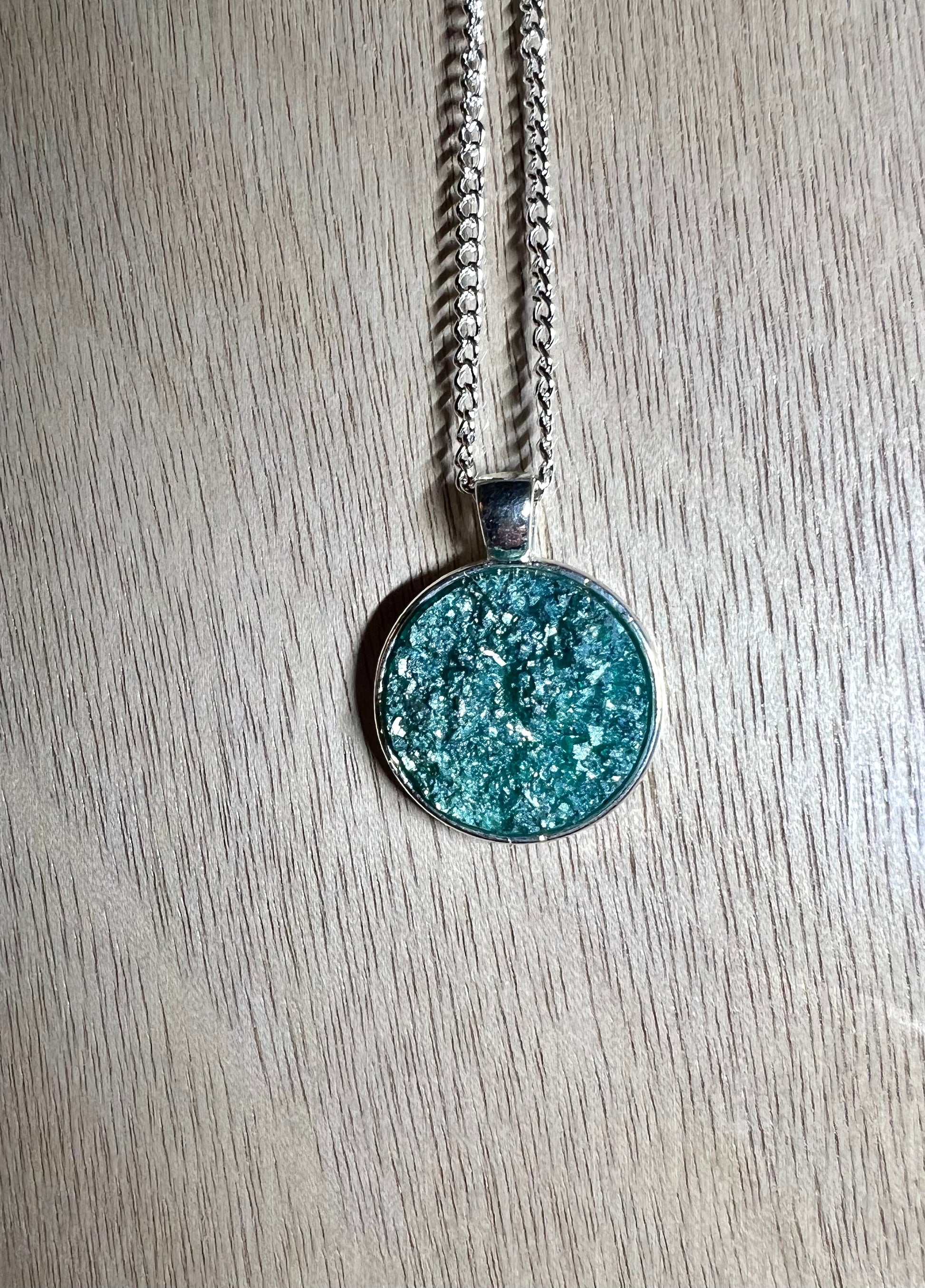 Teal-Blue Druzy Resin Necklace- Silver Pendant Tray - L.A. Resin Art