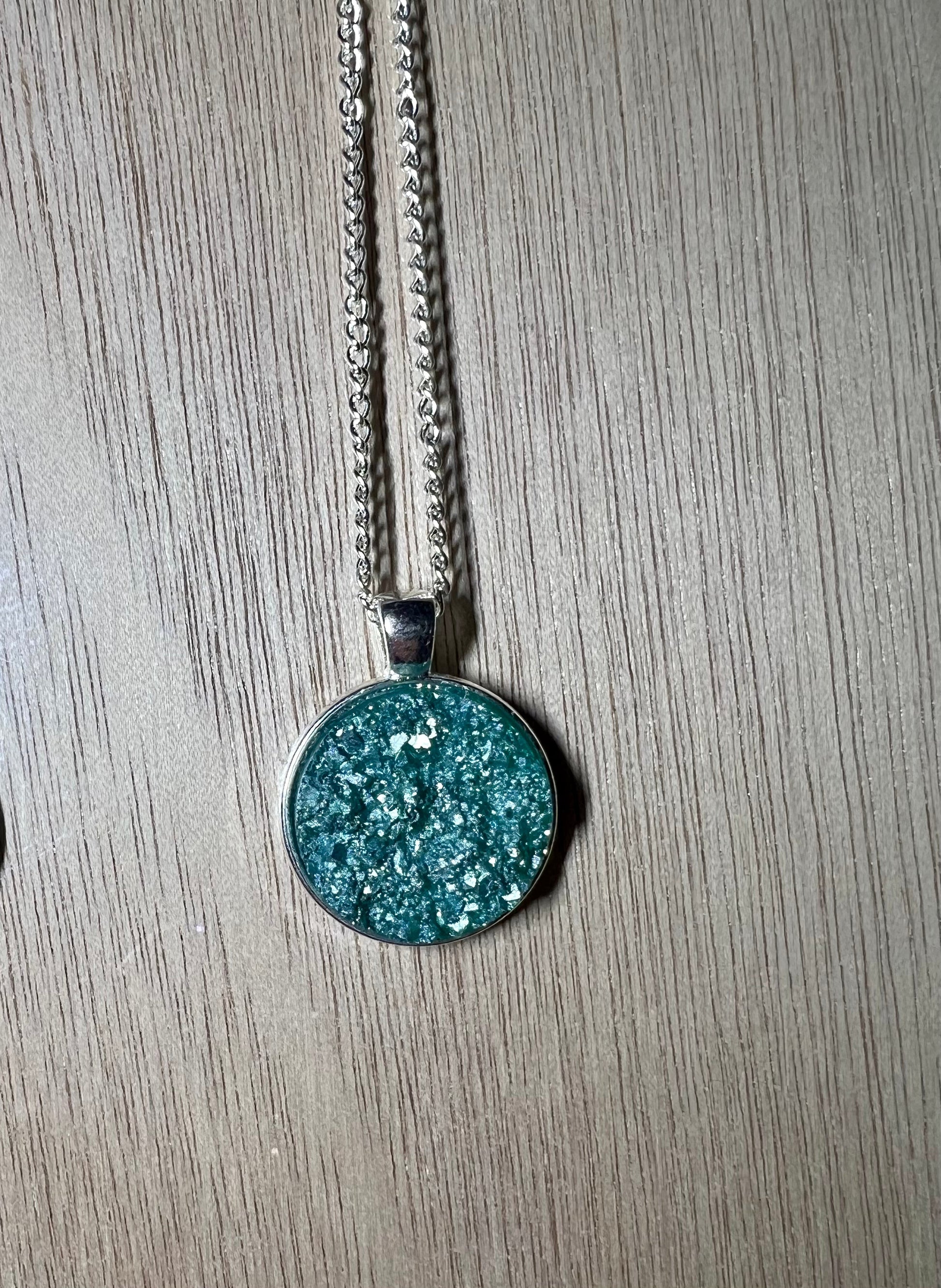 Teal-Blue Druzy Resin Necklace- Silver Pendant Tray - L.A. Resin Art