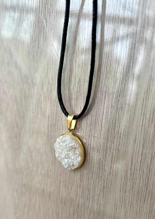 White Pearl Druzy Resin Necklace- Gold Pendant Tray - L.A. Resin Art