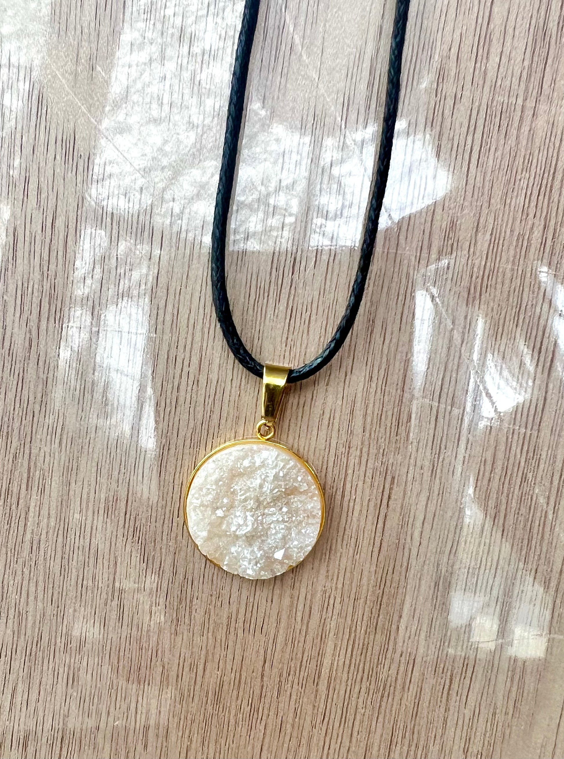 White Pearl Druzy Resin Necklace- Gold Pendant Tray - L.A. Resin Art