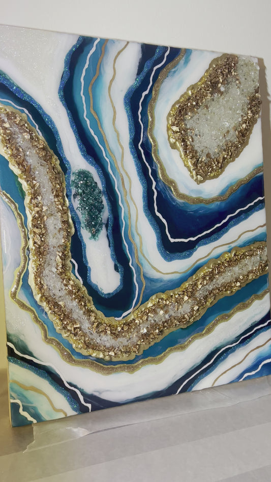 16" x 20" Blues and Gold Resin Geode Painting on a 1-1/2" Deep Wooden Board